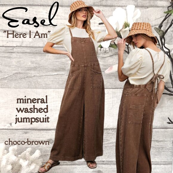 easel Pants - EASEL "Here I Am" Mineral Washed Wide Leg Jumpsuit Adjustable Tie Straps Pockets